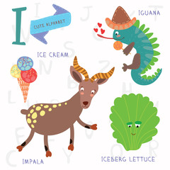 Very cute alphabet.I letter. Iceberg lettuce, iguana, ice cream,