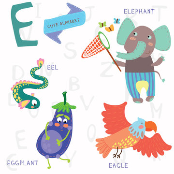Very cute alphabet.E letter. Elephant, eagle, eggplant, eel.