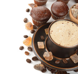 Cup of coffee and chocolate muffins