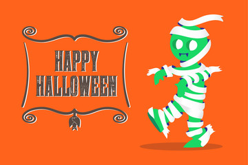 Vector : Mummy Monster walking and Happy Halloween banner on ora