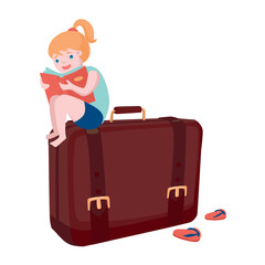Beginning of the journey. Girl sitting on the suitcase and reading a book. Vector illustration.
