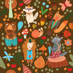 Seamless pattern with forest animals. Bear, fox, hedgehog, racco