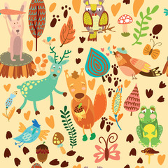 Cute seamless pattern with forest animals.Owl,squirre l, deer, n