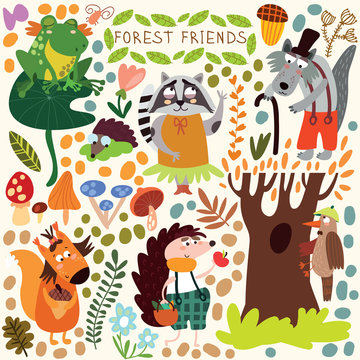 Vector Set of Cute Woodland and Forest Animals. Squirrel, frog,
