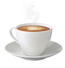 Cup of hot cappuccino with steam and saucer on white - 88544774