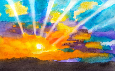 Obraz na płótnie Canvas Rays of the sun in the clouds. Watercolor, illustration