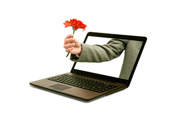  person gives a flower from the laptop monitor