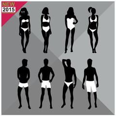 Beachwear / Swimwear swimsuits summer attire women men black silhouettes with white cloths on top,totally editable,set,collection