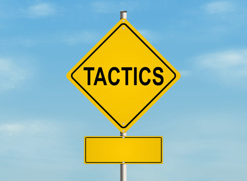 Tactics. Road sign on the sky background. Raster illustration.