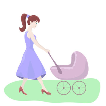 illustration of a mother with a baby carriage on white background