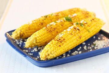 Fresh tasty grilled corn on blue tray