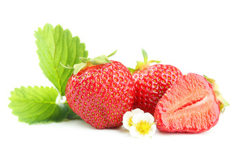 Strawberries berries with leaves isolated on white