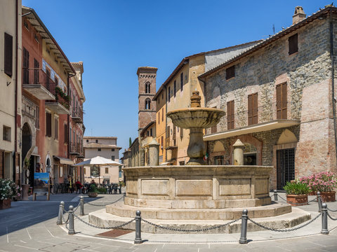 Main square with fountain in ceramic city of Deruta in Umbria