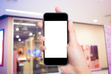 Photo blank. Women hand holding blank mobile smart phone in the