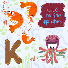 Sea very cute  Alphabet.marine set in vector.K letter.Krill,Krak - obrazy, fototapety, plakaty