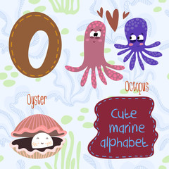 Sea very cute  Alphabet.marine set in vector.O letter.Octopus,oy