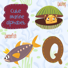 Sea very cute  Alphabet.marine set in vector.Q letter.Queenfish,