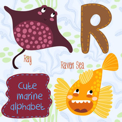 Sea very cute  Alphabet.marine set in vector.R letter.Ray,raven