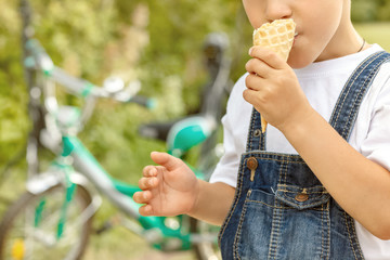 Cheerful little boy eating ice cream in park