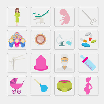 Gynecology and pregnancy icon set. Motherhood elements. Construc