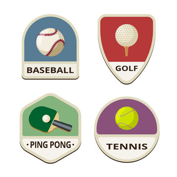 Baseball, Golf, Ping pong, Tennis balls flat labels design vecto