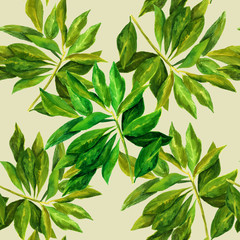 A seamless watercolour pattern with bright green leaves branches