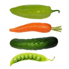 collection carrot, cucumber, peas, peppers isolated on white background, with clipping path