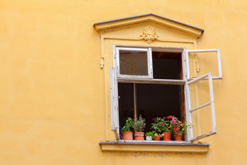 Fototapeta na wymiar Yellow platered wall with open window