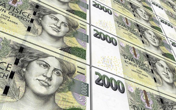 Czech koruna bills stacks background.