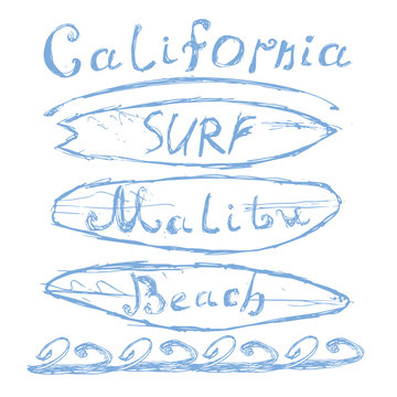 T-shirt Printing design, typography graphics Summer vector illustration Badge Applique Label California Malibu beach surf sign