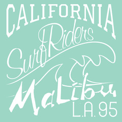 T-shirt Printing design, typography graphics Summer vector illustration Badge Applique Label California Malibu beach surf riders L.A. sign