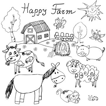 Happy farm doodles icons set. Hand drawn sketch with horse, cow, sheep pig and barn. childlike cartoony sketchy vector illustration isolated