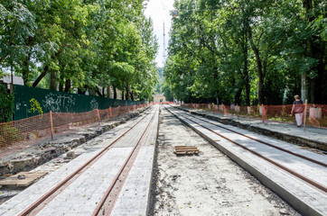 Fototapeta premium Construction work on the construction of new roads and laying of tram rails in Lviv, Ukraine