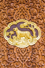 Tiger wood Carving Wall sculptures in thai temple