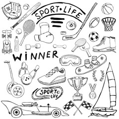 Fototapeta premium Sport life sketch doodles elements. Hand drawn set with baseball bat, glove, bowling, hockey tennis items, race car, cup medal, boxing, winter sports. Drawing collection, isolated on white background