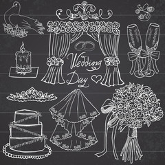 Wedding day elements. Hand drawn set with flowers, candle, glasses for champaign and festive attributes. Drawing doodle collection, on chalkboard background