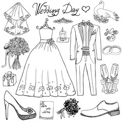 Wedding day elements. Hand drawn set with flowers candle bride dress and tuxedo suit, shoes, glasses for champaign and festive attributes. Drawing doodle collection, isolated on white background