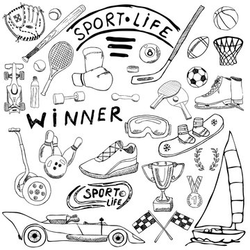 Sport life sketch doodles elements. Hand drawn set with baseball bat, glove, bowling, hockey tennis items, race car, cup medal, boxing, winter sports. Drawing collection, isolated on white background