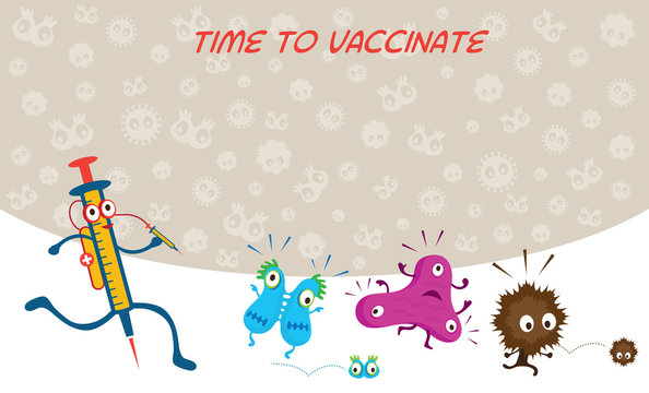 Syringe Run to Vaccinate Germ Characters, Bacteria, Virus, Microbe, Pathogen