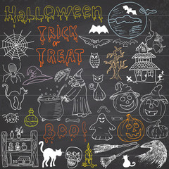Sketch of halloween design elements with punpkin, witch, black cat, ghost, skull, bats, spiders with web. Doodles set with Lettering, Hand-Drawn Vector Illustration on chalkboard background
