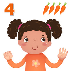 Kids learning material. Learn number and counting with kid’s hand showing the number four