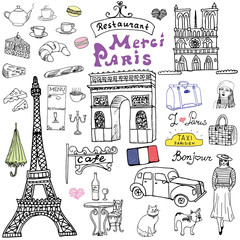 Paris doodles elements. Hand drawn set with eiffel tower bred cafe, taxi triumf arch, Notre Dame cathedral, facion elements, cat and french bulldog. Drawing doodle collection, isolated on white - obrazy, fototapety, plakaty