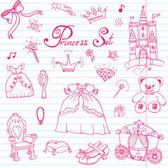 Hand drawn vector illustration set of princess sign, Castel, throne and carriage, magic wand, mirror, stuffed toy, croun and jewlery, cute items doodles elements