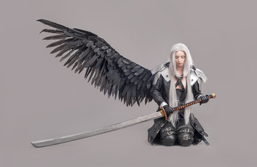 Fantasy woman warrior / Woman warrior with sword and wings isolated on the gray background
