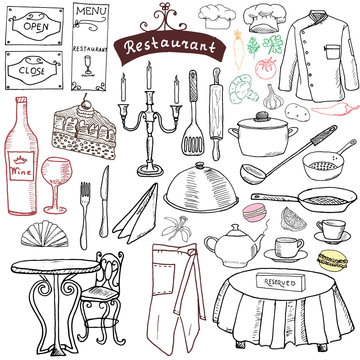 Restaurant sketch doodles set. Hand drawn elements food and drink, knife, fork, menu, chef uniform, wine bottle, waiter apron Drawing doodle collection, isolated on white