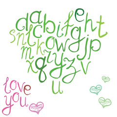 Hand drawn font, vector illustration of hand brushed calligraphic letters in shape of heart