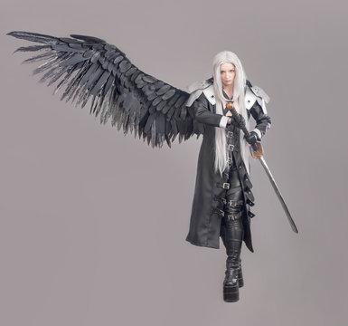 Fantasy woman warrior / Woman warrior with sword and wings isolated on the gray background