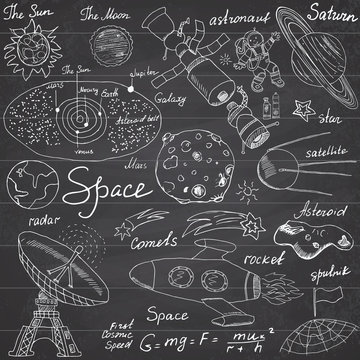Space doodles icons set. Hand drawn sketch with Solar system, planets meteors and comats, Sun and Moon, radar, astronaut rocket and stars. vector illustration on chalkboard background