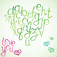 Hand drawn watercolor font, vector illustration of hand brushed Watercolor calligraphic letters in shape of heart