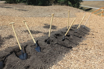 Spatenreihe in einem Erdwall nach einem Spatenstich